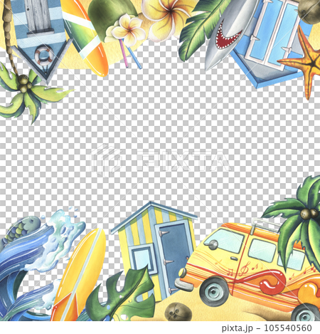 Surfboards, wooden beach cabines, tropical plants and flowers, yellow van, wave. Watercolor illustration hand drawn. Template frame on a white background. Surfboards, wooden beach cabines, tropical plants and flowers, yellow van, wave. Watercolor illustration hand drawn. Template frame on a white background. 105540560