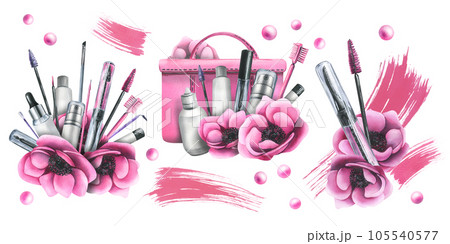 Cosmetic bag with creams, brushes and makeup products pink with flowers. Watercolor illustration, hand drawn for a beauty salon, cosmetics manufacturers. Set of compositions on a white background. Cosmetic bag with creams, brushes and makeup products pink with flowers. Watercolor illustration, hand drawn for a beauty salon, cosmetics manufacturers. Set of compositions on a white background. 105540577