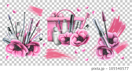 Cosmetic bag with creams, brushes and makeup products pink with flowers. Watercolor illustration, hand drawn for a beauty salon, cosmetics manufacturers. Set of compositions on a white background. Cosmetic bag with creams, brushes and makeup products pink with flowers. Watercolor illustration, hand drawn for a beauty salon, cosmetics manufacturers. Set of compositions on a white background. 105540577