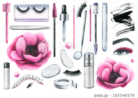 Cosmetics for the master of eyelash extension, a working tool for carrying out beauty procedures in the salon. Hand-drawn watercolor illustration. Set of isolated objects on a white background 105540579