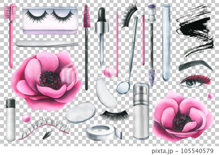 Cosmetics for the master of eyelash extension, a working tool for carrying out beauty procedures in the salon. Hand-drawn watercolor illustration. Set of isolated objects on a white background 105540579