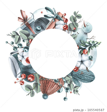 Christmas wreath with New Year's toys, winter knitted clothes, plants, snowman. Watercolor illustration, hand drawn. Template for congratulations and text on a white background. Christmas wreath with New Year's toys, winter knitted clothes, plants, snowman. Watercolor illustration, hand drawn. Template for congratulations and text on a white background. 105540587