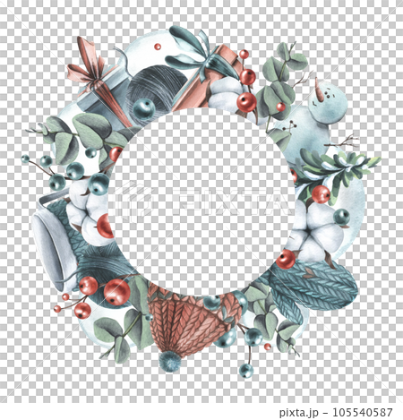 Christmas wreath with New Year's toys, winter knitted clothes, plants, snowman. Watercolor illustration, hand drawn. Template for congratulations and text on a white background. Christmas wreath with New Year's toys, winter knitted clothes, plants, snowman. Watercolor illustration, hand drawn. Template for congratulations and text on a white background. 105540587