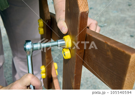 Socket wrench or allen key is ratchet tool with series of detachable sockets for tightening and loosening nuts of different sizes. Socket wrench or allen key is ratchet tool with series of detachable sockets for tightening and loosening nuts of different sizes. 105540594
