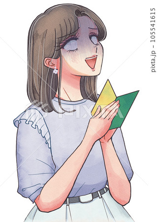 若葉マークを持って落ち込む、昭和の少女マンガ風の女性 若葉マークを持って落ち込む、昭和の少女マンガ風の女性 105541615