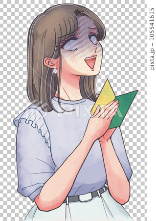 Showa shojo manga-style woman holding a wakaba mark and feeling depressed 105541615