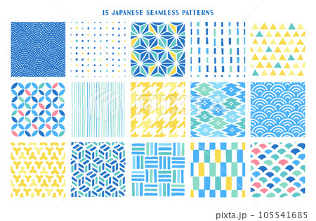 15種類の手書きの和柄のシームレスパターン 105541685