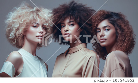 Group portrait of various women. Diversity happy female. Interracial differences, skin color, hairstyles, hair length for happiness and health. Generative AI 105541952