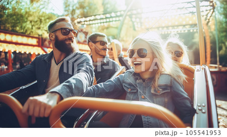 Group of people riding roller coaster ride in park. Family having fun on weekends and holidays. Generative AI 105541953