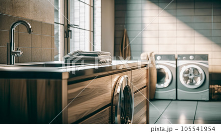 Interior of modern laundry room with laundry basket and contemporary washer sun's rays. Generative AI 105541954