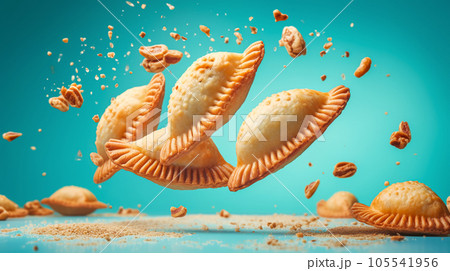 Traditional American meal. Tasty empanadas fly with splashing on blue background. Generative AI 105541956