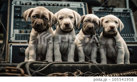 Cute white Labrador puppies sit in row and pose looking at camera. Generative AI 105541958