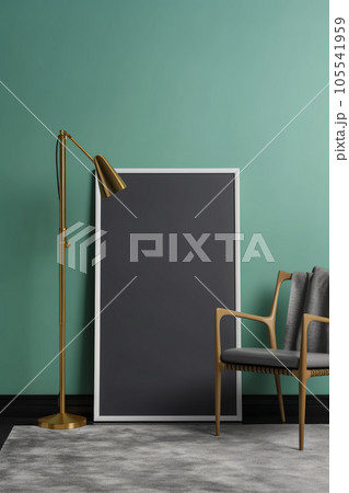 Blank picture frame next to two modern armchairs. Fashionable living room interior. Generative AI 105541959