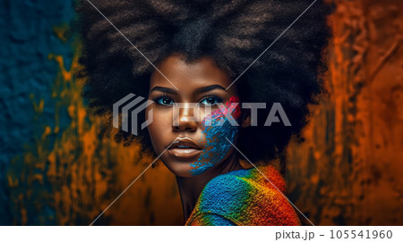 Black beauty woman with colorful afro hair. Cheerful carefree girl with bright makeup at festival. Afro hairstyle. Generative AI 105541960