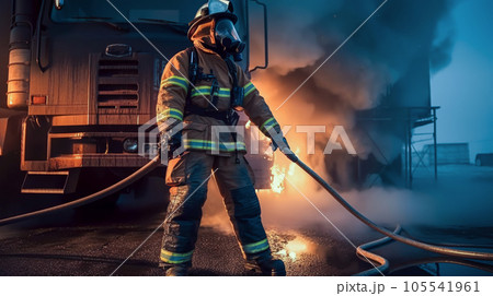Firefighter in protective suit, helmet and gas mask extinguishing flame against background of fire engine. Dark background with smoke and fire. Generative AI. 105541961