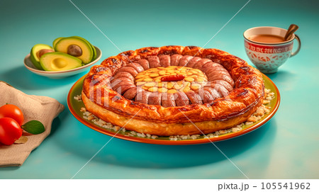 Tasty traditional Colombian food. Juicy Bandeja Paisa on blue background. Generative AI 105541962