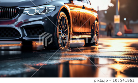 Fashionable modern car stands in rain in wet road. Generative AI 105541963