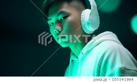 Portrait of Asiatic man in white headphones listens to music on neon light background. Generative AI 105541964