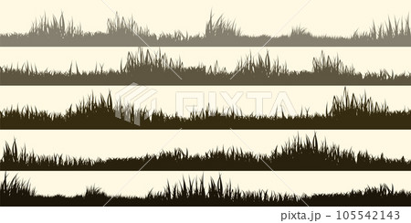Meadow silhouettes with grass, plants on plain. Panoramic summer lawn landscape with herbs, various weeds. Herbal border, frame element. Brown horizontal banners. Vector illustration 105542143