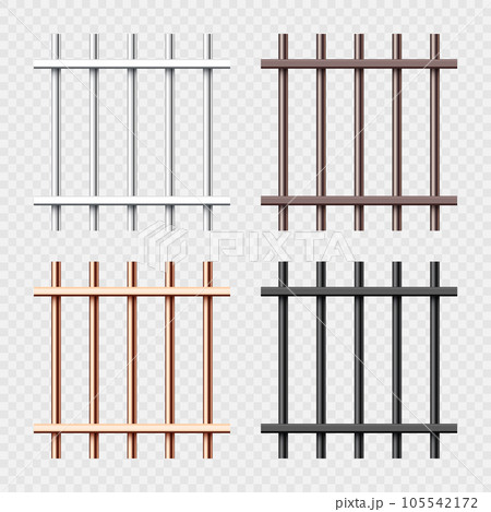 Various shiny metal prison bars collection. Realistic detailed jail cage, prison iron fence. Criminal background mockup. Vector illustration 105542172
