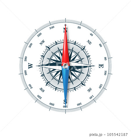 Marine compass, nautical wind rose with cardinal directions of North, East, South, West and degree markings. Geographical position and orientation, cartography and navigation. Vector illustration 105542187