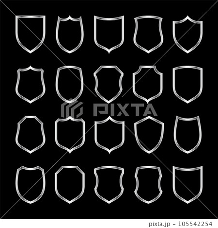 Set of metal vintage shield frames. Shiny silver heraldic shields. Black protection and security symbol, label. Vector illustration 105542254
