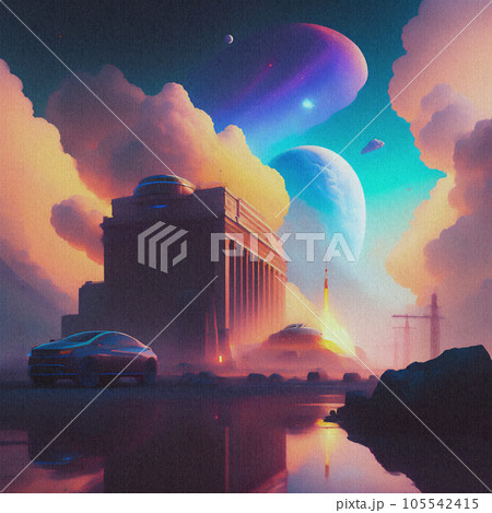 ジーンズ生地にプリントされたSFシーン、破壊された都市、打ち上げられるロケット|Generative ジーンズ生地にプリントされたSFシーン、破壊された都市、打ち上げられるロケット|Generative 105542415