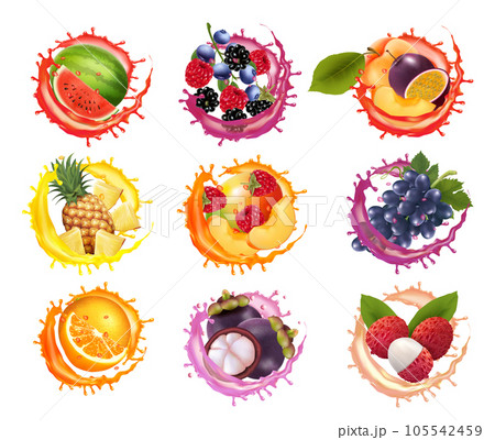 Set of fruits and berries in juice splashes. Watermelon, pineapple, grape. papaya, banana, mango, passion flower, raspberry, mangosteen, strawberry, plum juice drink splashing. Vector Set of fruits and berries in juice splashes. Watermelon, pineapple, grape. papaya, banana, mango, passion flower, raspberry, mangosteen, strawberry, plum juice drink splashing. Vector 105542459