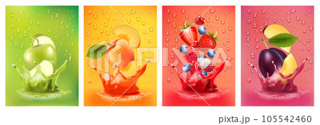 Fresh fruits juice splashing together- pear, apple, plum, apricot, strawberry, blackberry, raspberry juice drink splashing. 3d fresh fruits. Vector illustration Fresh fruits juice splashing together- pear, apple, plum, apricot, strawberry, blackberry, raspberry juice drink splashing. 3d fresh fruits. Vector illustration 105542460