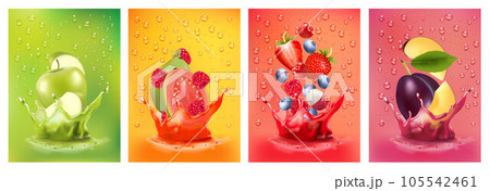 Fresh fruits juice splashing together- pear, apple, plum, apricot, strawberry, blackberry, raspberry juice drink splashing. 3d fresh fruits. Vector illustration 105542461