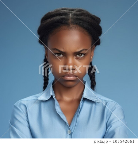 Portrait of an angry teenage African girl with curly brown hair. Closeup face of a furious African American young adult on a blue background. Unhappy mad teenager kid in blue shirt looking at camera. 105542661
