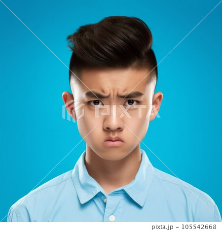 Portrait of an angry teenage Asian boy with black hair. Closeup face of a furious Chinese teen on a blue background looking at the camera. Front view of outraged Japanese teenager kid in a blue shirt. 105542668