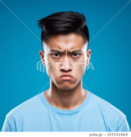 Portrait of an angry teenage Asian boy with black hair. Closeup face of a furious Chinese teen on a blue background looking at the camera. Front view of outraged Japanese teenager kid in a blue shirt. 105542669
