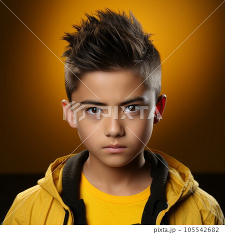 Portrait of a Asian teenage boy with short black hair. Closeup face of a serious Chinese teenager on yellow background looking at the camera. Front view of an unsmiling Japanese kid in a yellow jacket 105542682