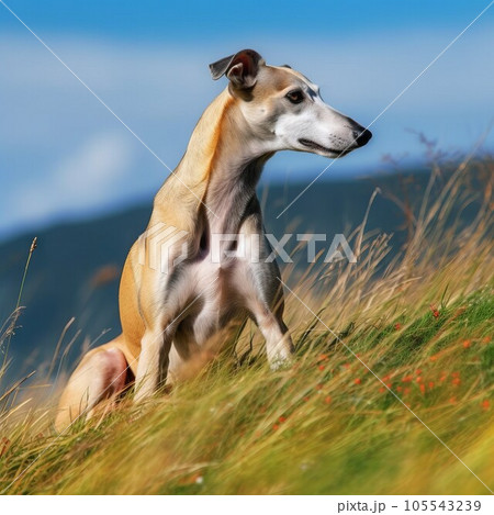 Greyhound dog sitting on the green meadow in a summer green field. Portrait of Greyhound dog sitting on the grass with summer landscape in the background. AI generated illustration. 105543239