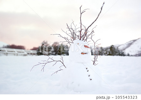 Funny snowman on snow covered field in the park. Kids creativity and having fun. Outdoors leisure with family with children in winter. 105543323