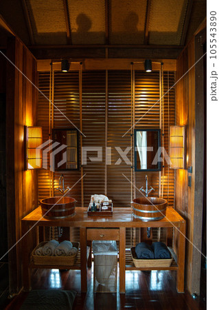 Wooden bathroom in cabin on Haad Tien Beach in shark bay, koh Tao, Thailand Wooden bathroom in cabin on Haad Tien Beach in shark bay, koh Tao, Thailand 105543890