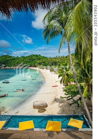 View of Haad Tien Beach resort in shark bay, koh Tao, Thailand 105543902