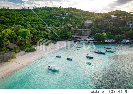 Aerial view of Haad Tien Beach in shark bay, koh Tao, Thailand Aerial view of Haad Tien Beach in shark bay, koh Tao, Thailand 105544192
