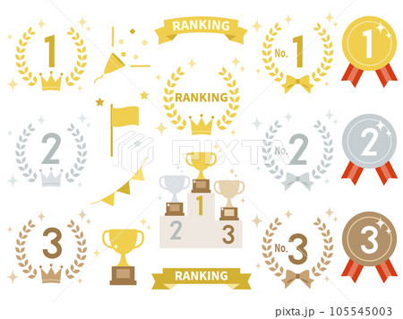 王冠やトロフィーなどのランキングをイメージしたイラストのセット 王冠やトロフィーなどのランキングをイメージしたイラストのセット 105545003