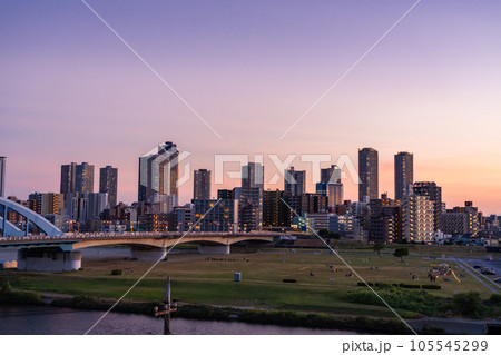 《神奈川県》武蔵小杉タワーマンションの夜景・多摩川河川敷より 《神奈川県》武蔵小杉タワーマンションの夜景・多摩川河川敷より 105545299