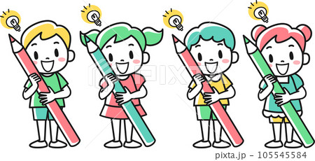 鉛筆を持っているひらめいた表情の男の子と女の子 105545584