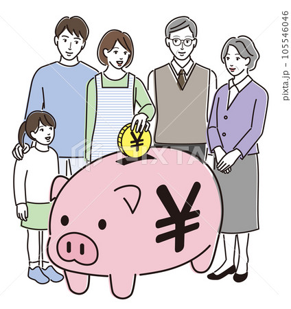 ぶたの貯金箱とお金のことを考える家族 105546046