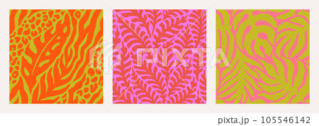 Abstract Floral Tropical Seamless Patterns Set in. Vector Palm Leaves, Leopard and Zebra Stripes Print 105546142
