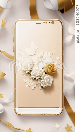 美しい花とスマホと金色の背景 美しい花とスマホと金色の背景 105546977