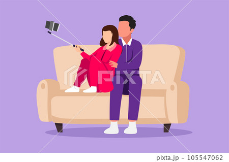 Cartoon flat style drawing man and woman take selfie on smartphone with monopod. Happy couple seat on sofa, making photo together on mobile phone with selfie stick. Graphic design vector illustration 105547062