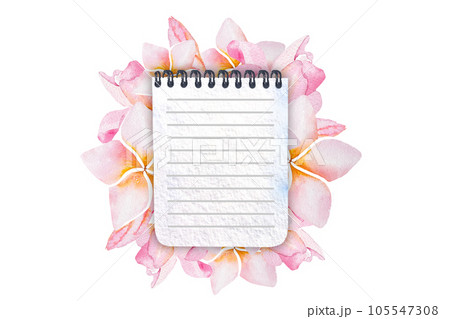 Watercolor illustration of a bouquet of plumeria flowers and a notepad for writing, plumeria flowers and a notepad. Watercolor illustration of a bouquet of plumeria flowers and a notepad for writing, plumeria flowers and a notepad. 105547308