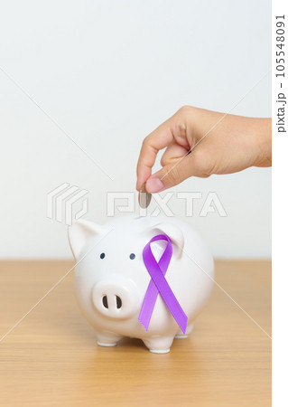 Purple Ribbon with Piggy Bank for Pancreatic, Esophageal, Testicular cancer, world Alzheimer, epilepsy, lupus, Sarcoidosis, Fibromyalgia and domestic violence Awareness month. World cancer day concept 105548091
