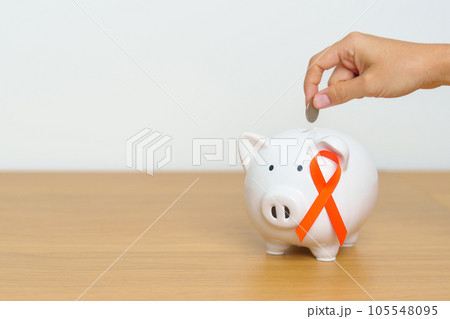 Leukemia, Kidney cancer day, world Multiple Sclerosis, CRPS, Self Injury Awareness month, Orange Ribbon with Piggy Bank for support illness life. Health, Donation, Charity, Campaign, Money Saving Leukemia, Kidney cancer day, world Multiple Sclerosis, CRPS, Self Injury Awareness month, Orange Ribbon with Piggy Bank for support illness life. Health, Donation, Charity, Campaign, Money Saving 105548095
