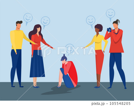 concept of bullying , woman victim sitting holding knees with sad face with male and female laughing sternly pointing at him making the picture cartoon flat colorful vector illustration 105548205